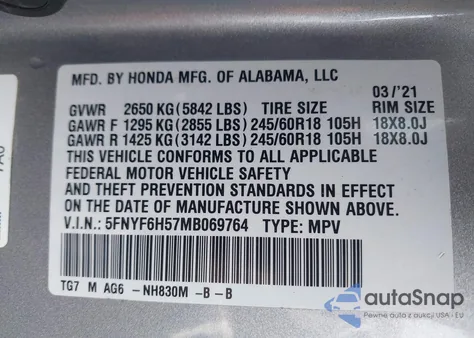 2021 Honda Pilot Awd Ex-L из США, поврежденный, VIN 5FNYF6H57MB069764